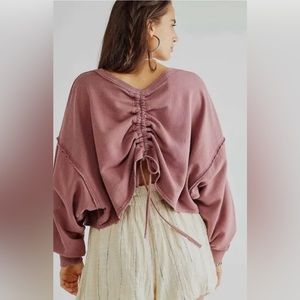 Free People Bae Pullover Sweatshirt Ruched Back Drawstring Back Rose Brown